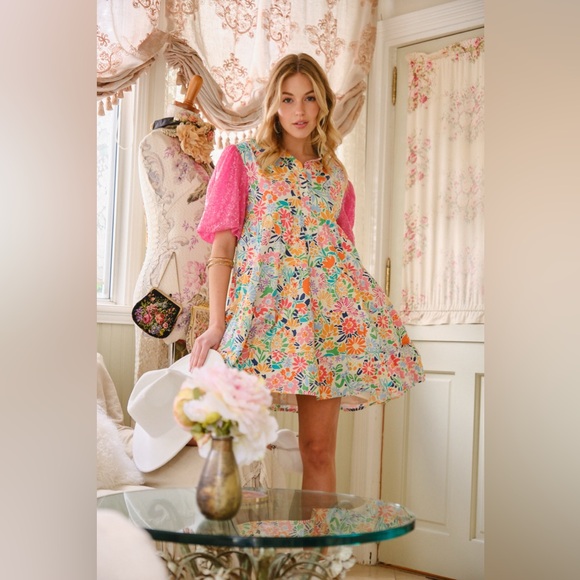081 • Floral Button-Front Baby Doll Cotton Dress with Pink Puff Sequined Sleeves - Picture 9 of 12